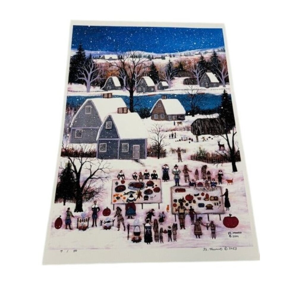 NWT Thanksgiving Feast In Winter Snow Art Print By J.L. Munro Signed & Numbered
